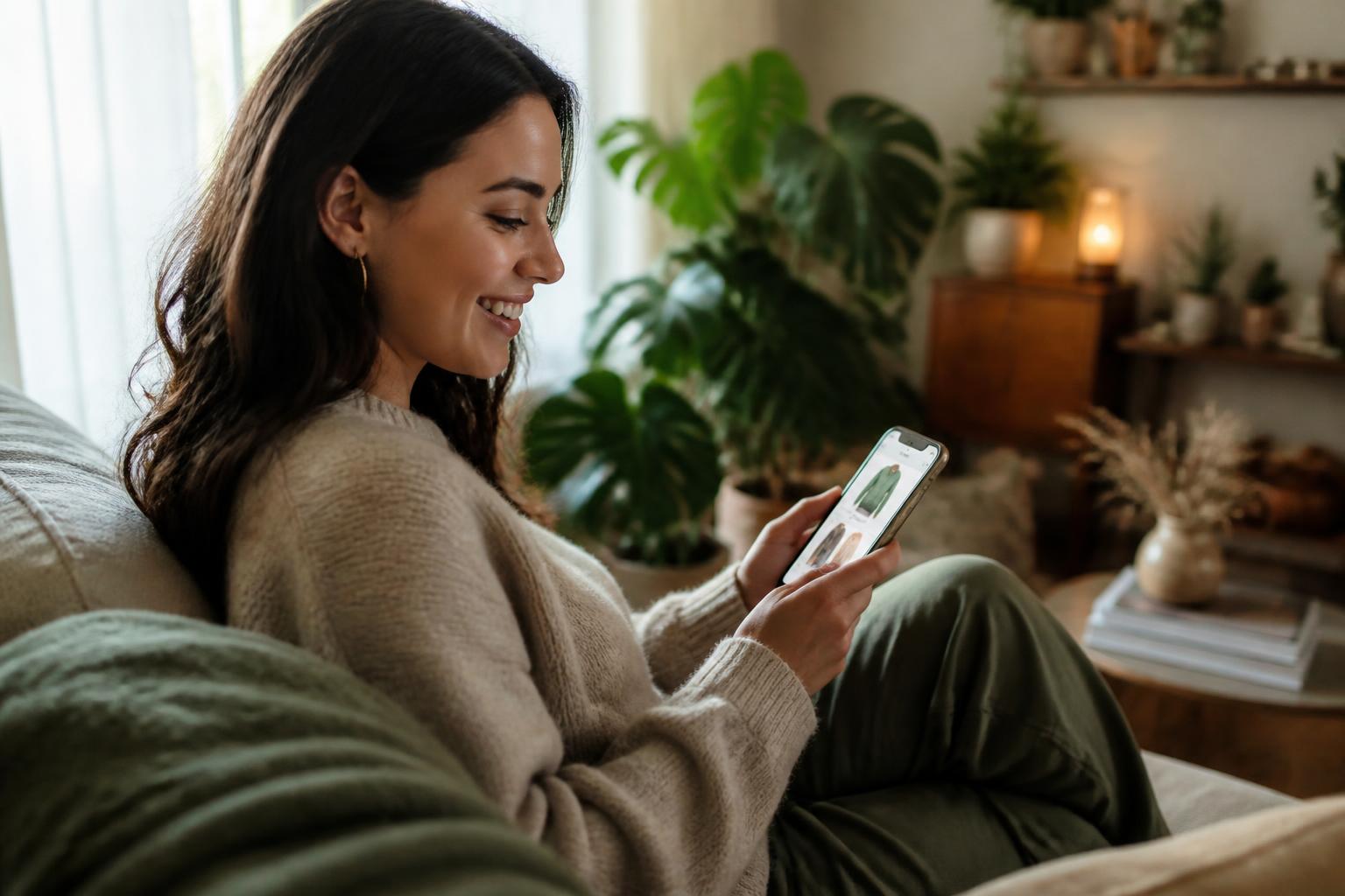 Mom on the couch using a shopping app on her phone