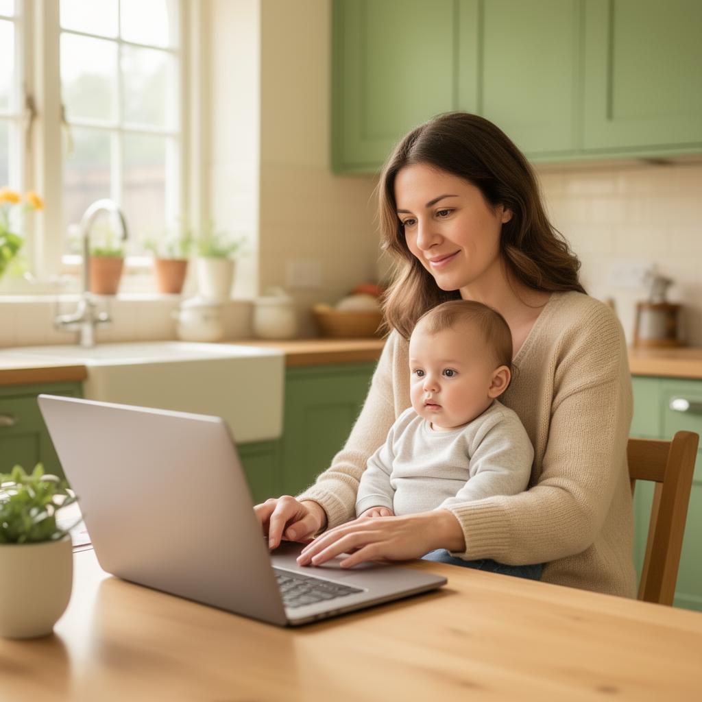Mom working on a laptop with her baby